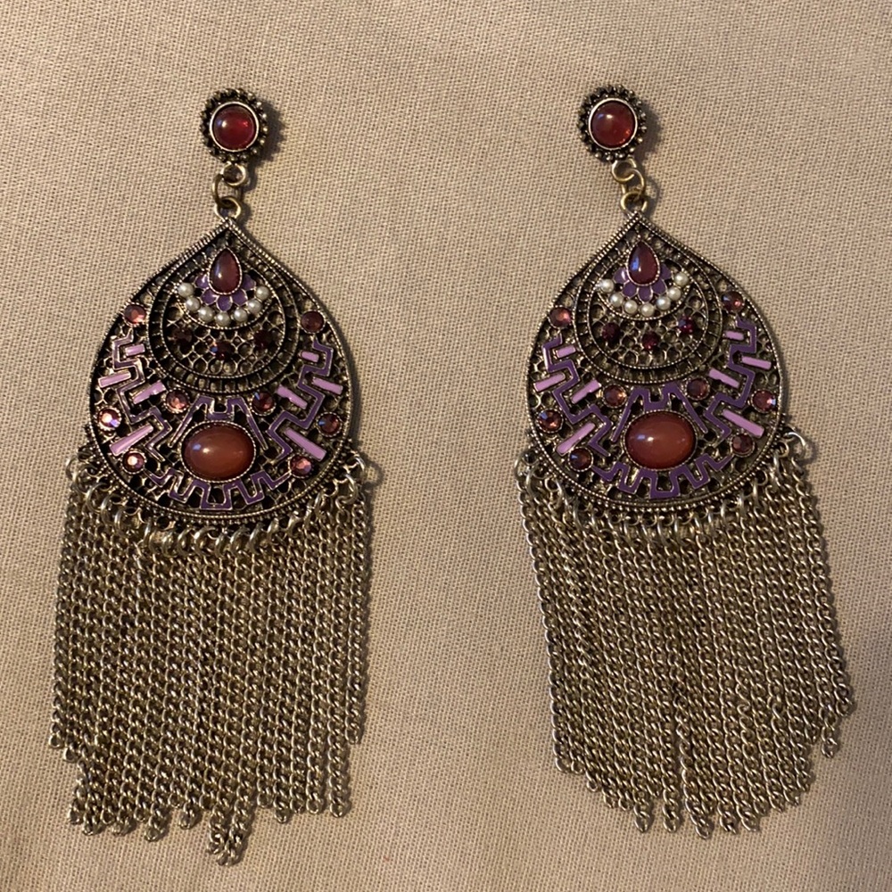 Ornate Purple Stone and Chain Earrings